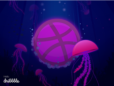 Hello Dribbble By Dariush Bostan debut design first shot hello dribbble illustration invitaion jellyfish under the sea vector