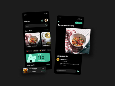 Mobile Food App animation cards ui dark mode design food app illustration ios app design micro interaction motion graphics ui ui design user experience design user interface design ux design uxui design