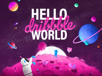 Illustration - Hello dribbble world astronaut basketball digital painting hello dribbble hello world illustration planet space