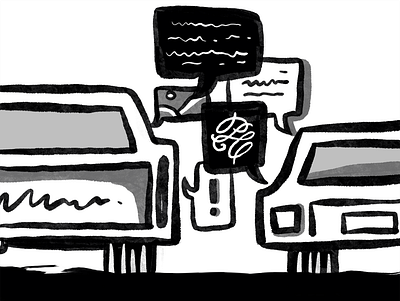 Parking Lot Chat article black and white cars chat conversation design editorial design handdrawn illustration ink inking parking lot shadows talking