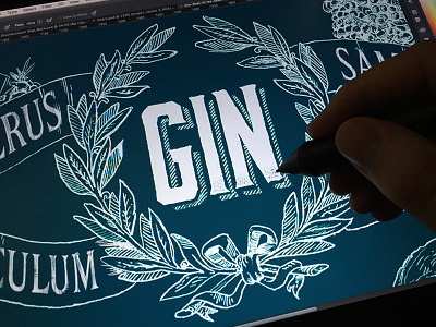 Gin alcohol crosshatch digital etching gin lettering ornate stippling type vintage