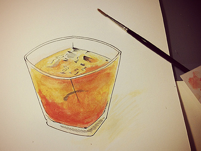 Old Fashioned Illustration alcohol recipe crosshatch hand drawn hand painted illustration ink liquid old fashioned orange red sable speedball water watercolor whiskey