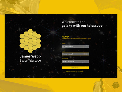 Signup Dark Theme: James Webb Signup page UI dailyui dark theme figma galaxy jameswebb signup space telescope ui ui challenge user experience user interface ux