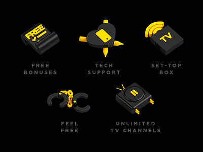 Digital icons for internet service provider 3d 3dillustration black design digital graphic illustration illustrations internet software tv yellow