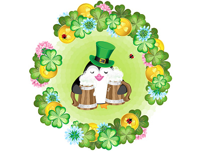 Penguin in a cylinder and with two mugs in a wreath of clover gold coins penguin penguin in cylinder st. patricks day two mugs wreath
