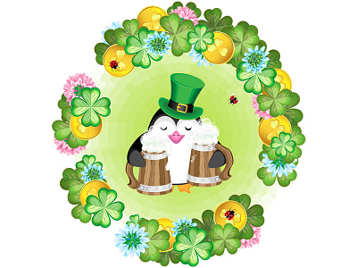 Penguin in a cylinder and with two mugs in a wreath of clover