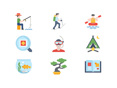 Hobbies icon. bonsai camping collector diving fishing hobby icon icon design kayak trekking