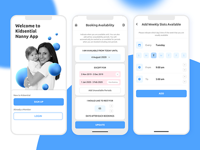 Kidsential Nanny App app booking bookings children flat graphic interaction design kid mobile mobile app nanny nanny booking time ui uiux ux