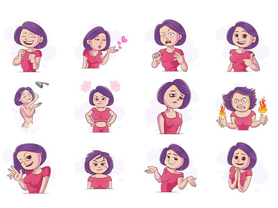 Miss Purple Hair Emoji Set cartoon character chat cute design dribbble emoji emojiexperts expressions faces illustration lovable set smileys stickers
