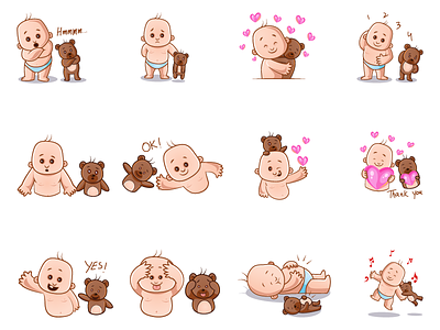 Cute Baby And Teddy Bear Emoji Set cartoon chat cute design dribbble emoji emojiexperts expressions faces illustration lovable set stickers
