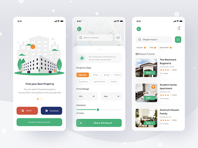 Property App apartment app booking card clean filter home hotel house ios location login mobile notification profile property rent search villa