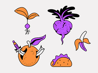 Fresh Stuff banana beetroot dagger doodle food fruit icon icondesign iconset mexican orange pizza sword taco tats tattoo vegetables veggies