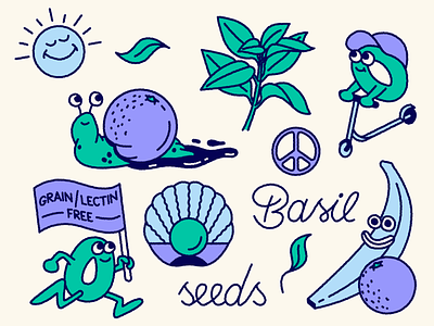Basil Seeds Illustration 🌱🐌🌞 animation artwork branding character chia doodle fruit health icondesign identity illustration motion scooter snail sun superfood tattoo typography uber vegetables