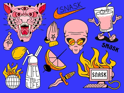 SNASK Brand Illustration Set beer branding character cocktail dagger design doodle drink fashion icondesign illustration iphone logo nike patches planet restaurant tattoo tiger typography