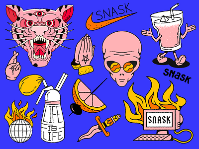 SNASK Brand Illustration Set beer branding character cocktail dagger design doodle drink fashion icondesign illustration iphone logo nike patches planet restaurant tattoo tiger typography