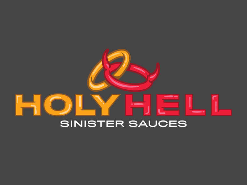 Holy Hell Hot Sauce bbq branding halo logo halos hello holy holy hell hot ones hot sauce hot wings illustration label logo pepper sauce red red yellow logo sauce spice spicy food yellow