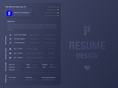 Personal Resume - Soft UI a4 about black and white cv dark resume dark theme dark ui minimal mobile modern page resume skeuomorphism skills soft ui softui typography ui uiux ux
