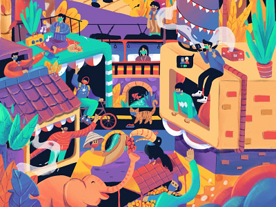 A Good Day Illustration animals city colorful crowd design fauna happy illustration interaction pandemic