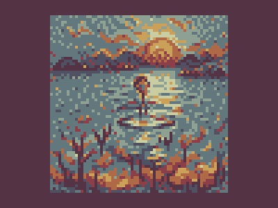 Lake at Sunset illustration pixel pixelart sunset water