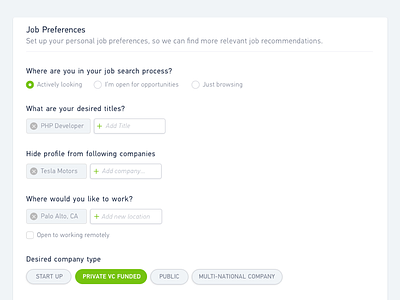 Job Preferences dashboard forms settings ui