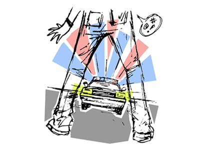 Busted blue car drawing legs pen police quick red sketch yellow