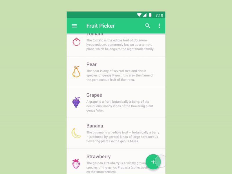 Fruit Picker FAB android animation create fab fruit gif green list mobile new tree ui
