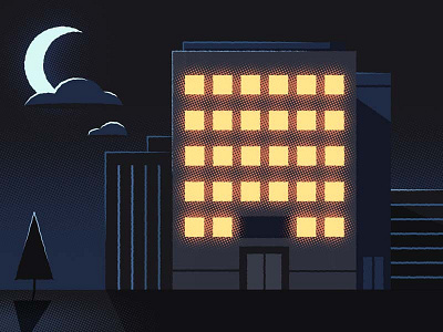 Office building at night halftones illustration illustrator lights moon night vector
