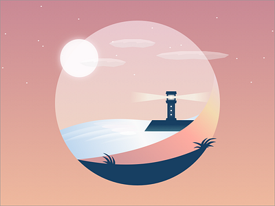 Beach at sunset beach clouds graphic graphic design illustration lighthouse orange pink sea sun sunset water