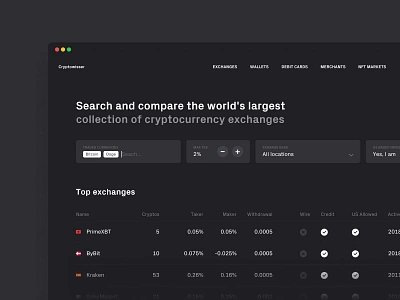 Crypto exchanges comparison button crypto crypto currency crypto exchange cryptocurrency dark dark mode dark ui dropdown input landing list menu search table tag web design website