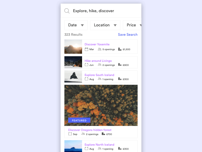 Looking for adventure (Update w/ animation) adventure app blue cards filter ios list purple result search shadows