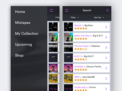 Hip Hop Mixtape App app cards filter ios list menu mobile music purple result search