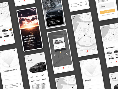 Car App app car card cards cars header input field ios map menu minimalistic mobile ui ux