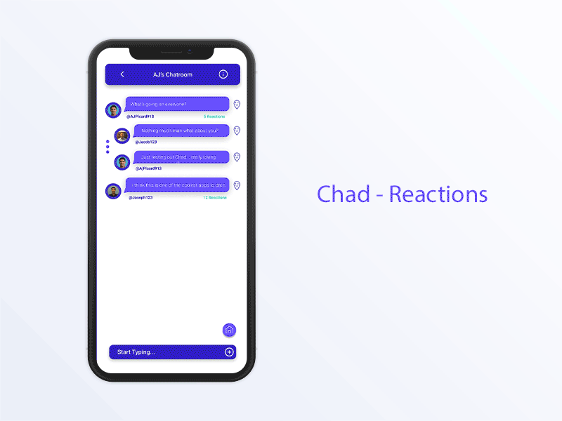 Chad - Reactions animated chatroom emoji emojis facebook free free app location location app message messaging messenger mobile mobile animation mobile app prototype reactions slack twitter ui design