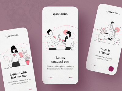 Spacciovino 🍷 | Onboarding app bubbles creative delivery design drawing dribbble drink explore grapes illustration line art lines onboarding outline outlined scooter shot ui wine