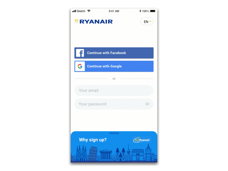 Redesign of Ryanair's Login/Signup screen animation app flight app login mobile principle redesign concept signup