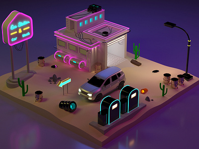 3D Gas Station with Neon Elements