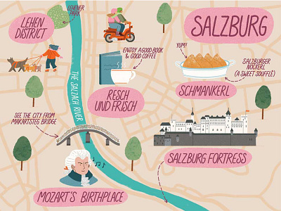 Salzburg, Austria - Illustrated Map artwork colourful editorial illustration illustrated map illustration map map design publishing