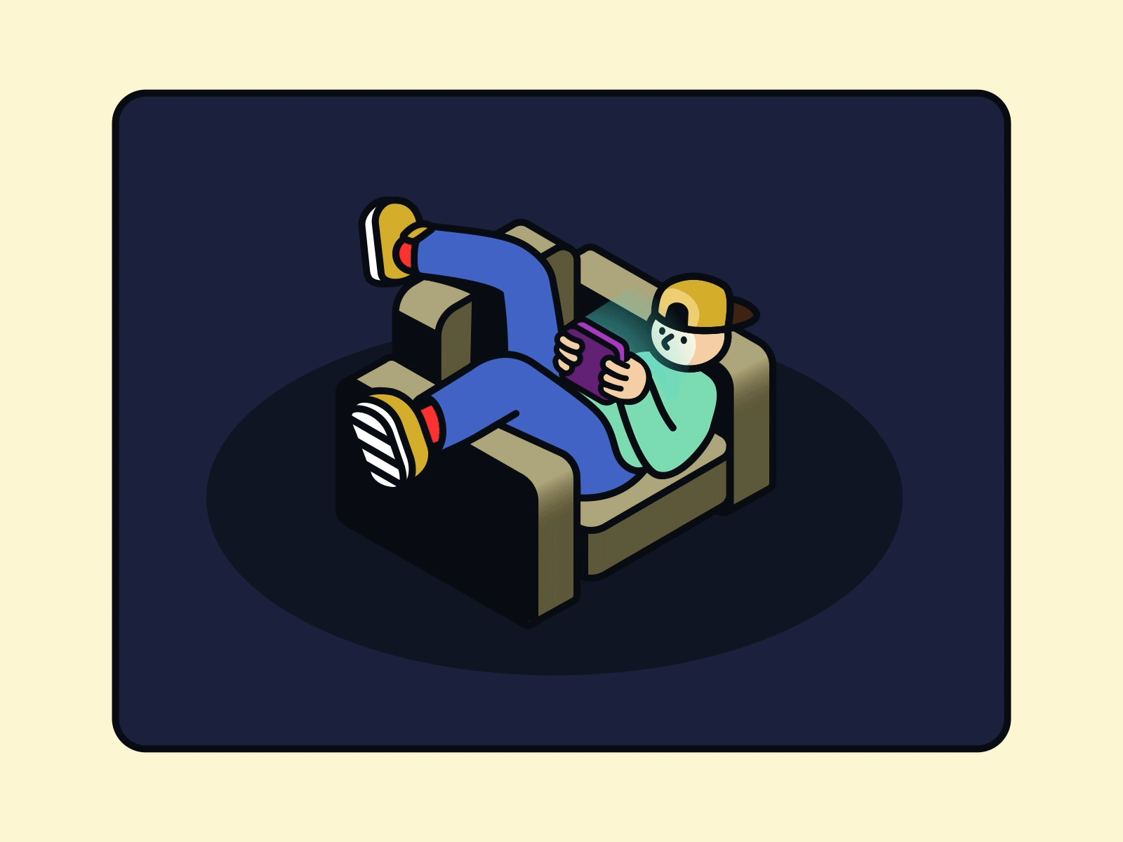 Gaming chair back in the days 2d adobe after effects adobe illustrator animation chair character comfortable favourite gaming handheld isometric isometric illustration living room motion design sit subtle weird