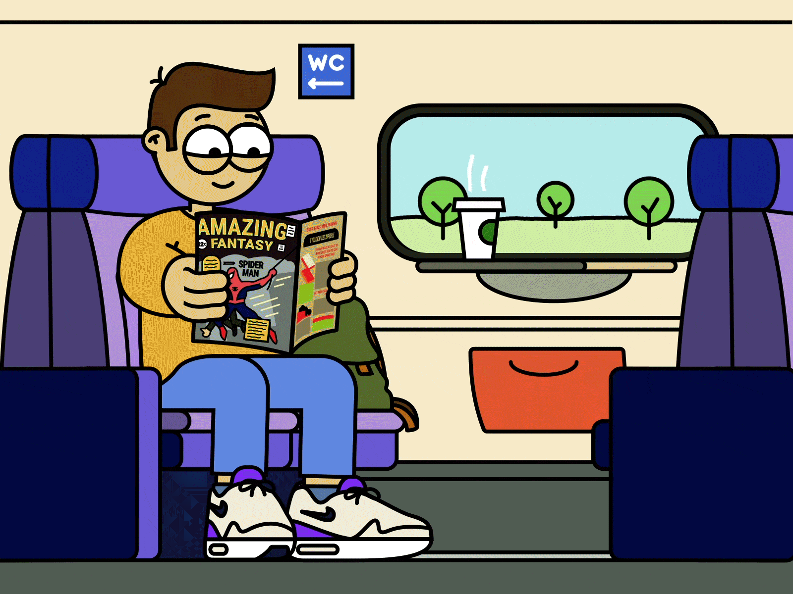 Read comics in public day 2d adobe after effects adobe illustrator airmax animation comic comic art comic books graphic designer illustration loop loop animation motion design nike practice public reading spider man train travel