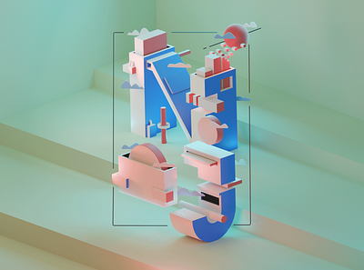 NIJ - 3D render 3d 3d art adobe illustrator blender blender3d blue bold clouds colors company design dutch first initials letters lighting perspective red stairs typography