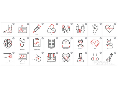 Red and black medical icons aid branding care design emergency graphic design health heart hospital icon icons set illustration logo medical medical condition medical health tablet ui ux vector
