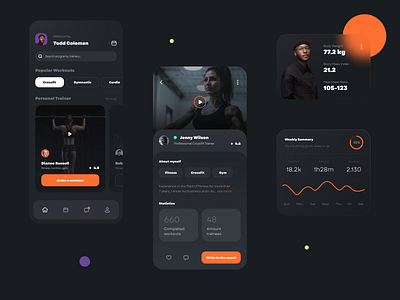 Fitness Mobile App cards clean dark mode detail page exercise fitness fitness app ios plan simple sport statistic training training app trend ui ui design ux design workout yoga app