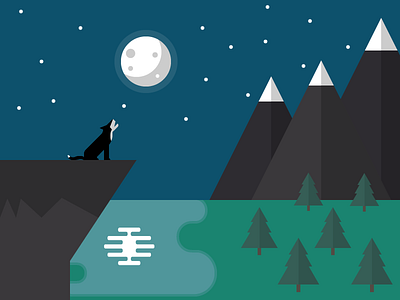 Lone wolf flat forest ilustration moon wolf