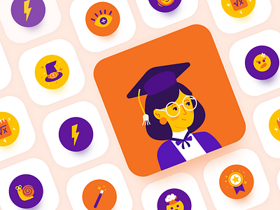 Icon design for easyA badge brain fast graduation icon maths snail success thunder