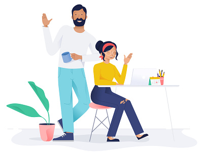 Hello Dribbble boy debut dribbble girl illustration laptop leaf office plant table team welcome