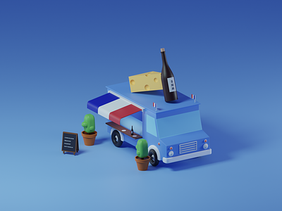 French cheese & wine food truck 3d blender cheese food truck france lowpoly wine