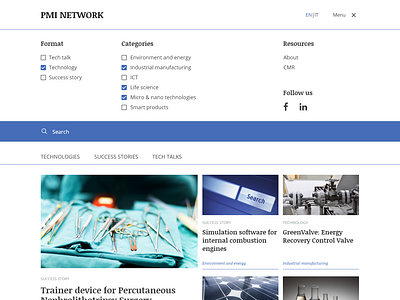 Entreprises network platform cards ui filters light theme magazine menu network website
