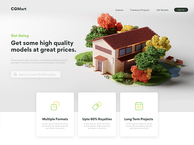 Web Page for CGMart 3d building design grid hero homepage house icon identity illustration layout miniature pastel typography ui ux web