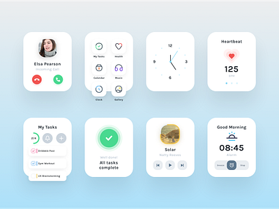 Watch UI Screens app apple watch apple watch design clean clean ui clock health icons light minimal modern music player task list tasks ui user interface design watch watch app watch ui watches