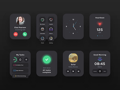 DarkMode Watch UI Screen alarm clock apple watch apple watch design clean dark dark mode dark ui darkmode health icons minimal music player ui simple ui user interface design watch watch app watch ui